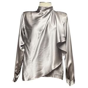 Cathy Hardwick 100% Silk Long Sleeve Button Tie High Neckline Gray Tan Taupe 8